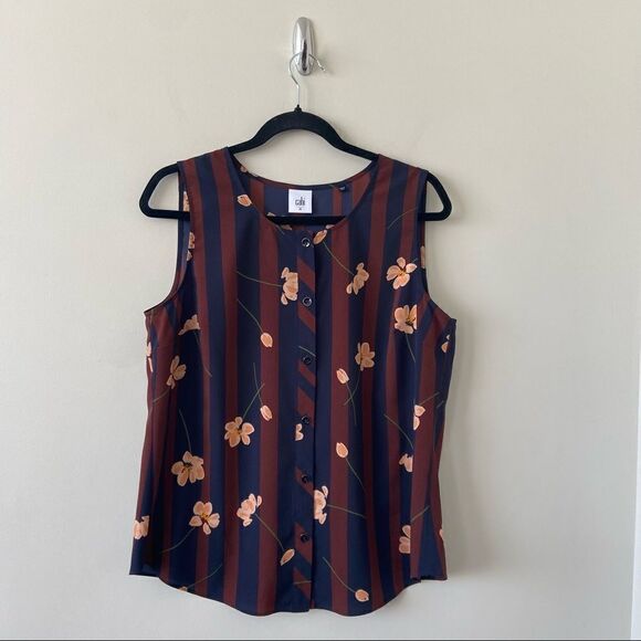 Cabi-sleeveless Floral Stripe Button Down Blouse (Size:Medium) - Picture 1 of 8